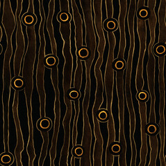 Brown yellow watercolor wavy seamless pattern. Abstract striped background. Wavy lines with circles on textured paper. Template for design, textile, wallpaper, carpet, ceramics.