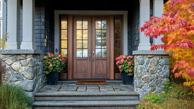 Autumnal front door of a stately home with stone steps and fall foliage