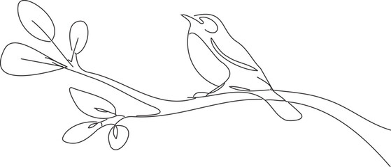 continuous single line  drawing of bird perched on leafy branch  
