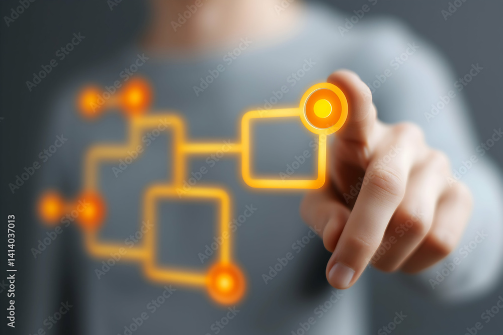 Poster a person interacts with a digital interface, using a finger to manipulate glowing, interconnected sh