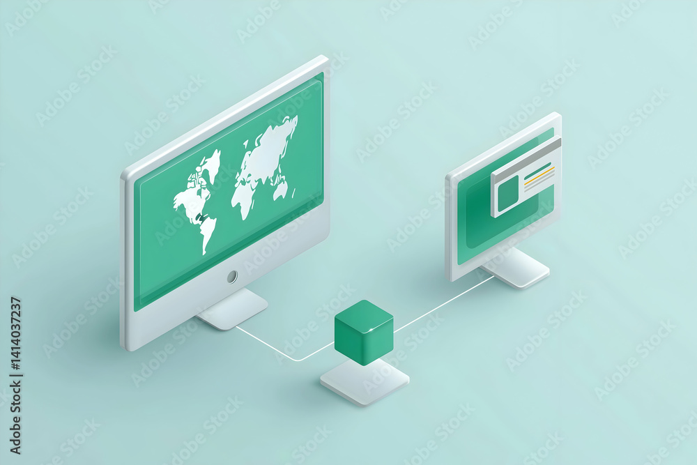Aufkleber a minimalist illustration showcasing two computer screens connected, featuring a map on one and a we