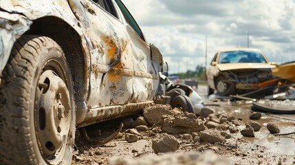 Devastating road accident scene with wrecked motorcycle and car surrounded by debris and destruction
