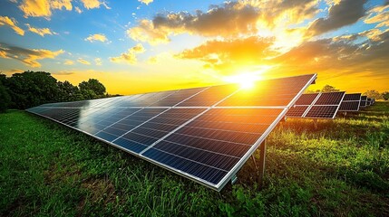 Serene Solar Energy Field at Twilight, Sun Dipping Below, Rows of Panels Reflecting a Vibrant Sky 