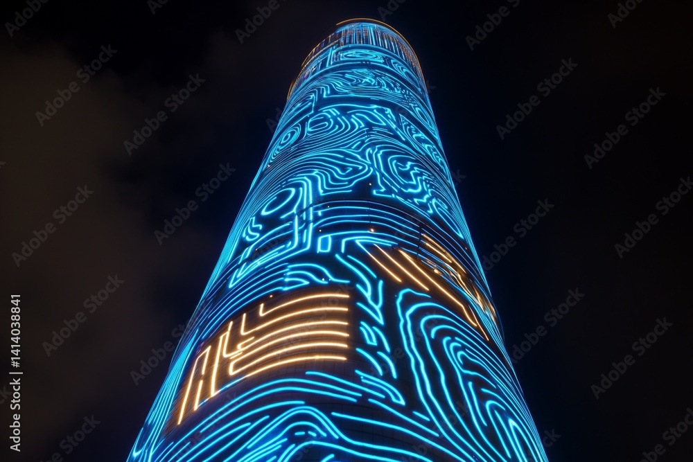 Poster a light show on a modern skyscraper, with synchronized led patterns lighting up the night sky