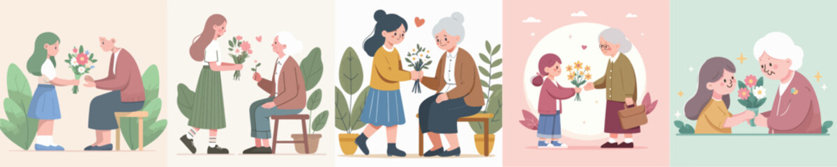 vector collection of girls giving flowers to grandmother