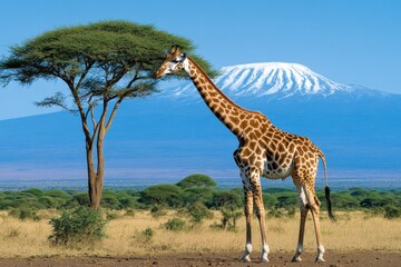 Obraz premium A majestic giraffe stretching its long neck to eat leaves from a tall acacia tree, set against a clear blue sky