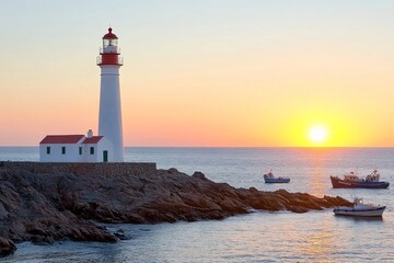 Obraz premium A majestic lighthouse at sunrise, its golden light reflecting off the water as fishing boats pass by