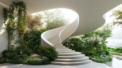 Spiral Staircase Surrounded by Green Plants, Adding a Natural Touch to a Contemporary Home Design 