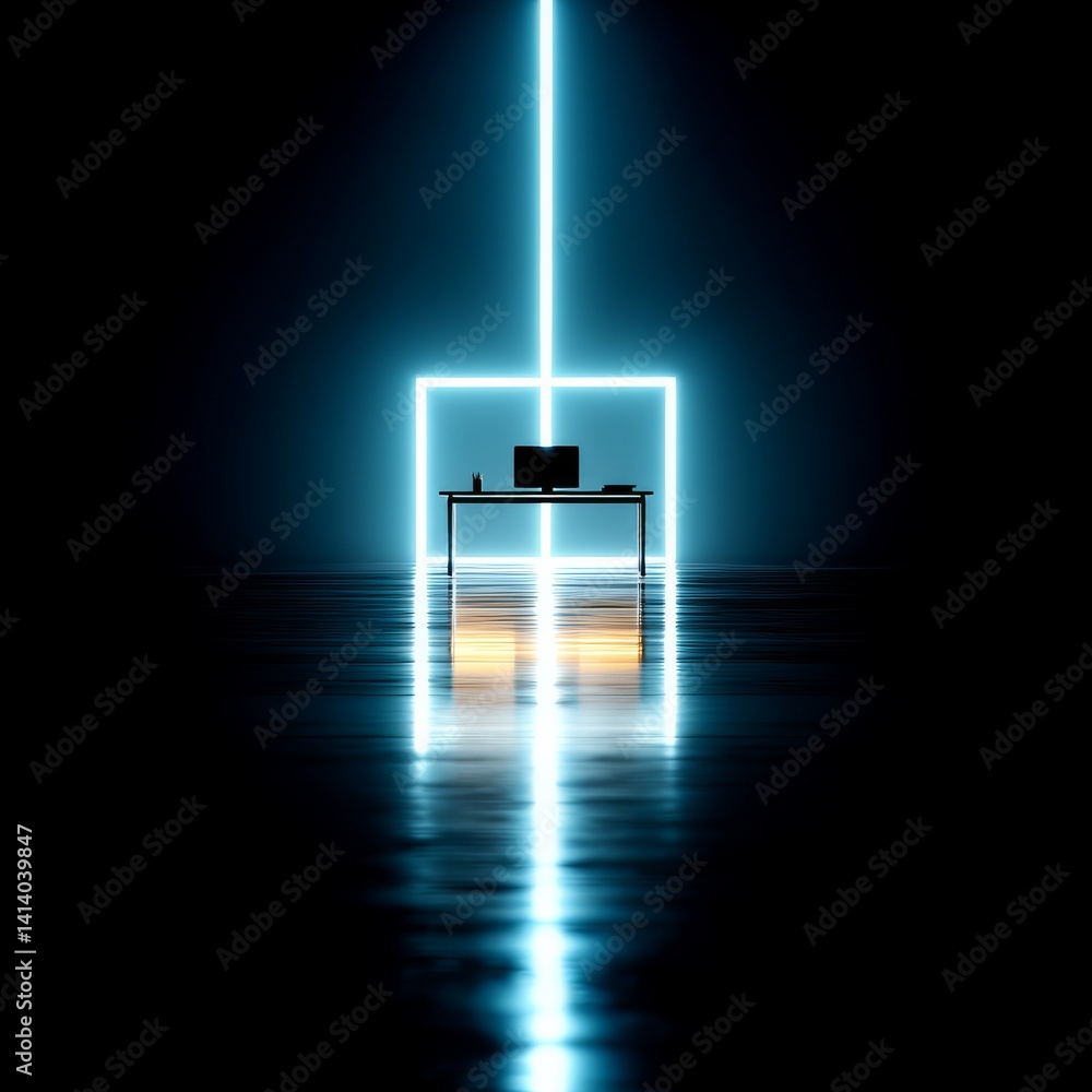 Fototapete A Minimalist Desk Setup Illuminated by Neon Blue: Reflections on a Futuristic Workspace in a Dark Void.