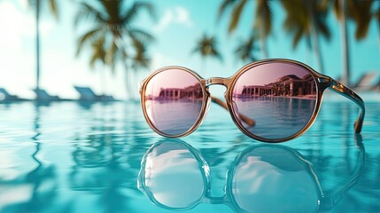 Stylish Sunglasses Reflecting a Luxurious Modern Resort with Palm Trees for a Travel and Vacation Concept 