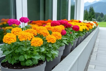 A modern greenhouse with large glass panels, where rows of vibrant flowers bloom inside