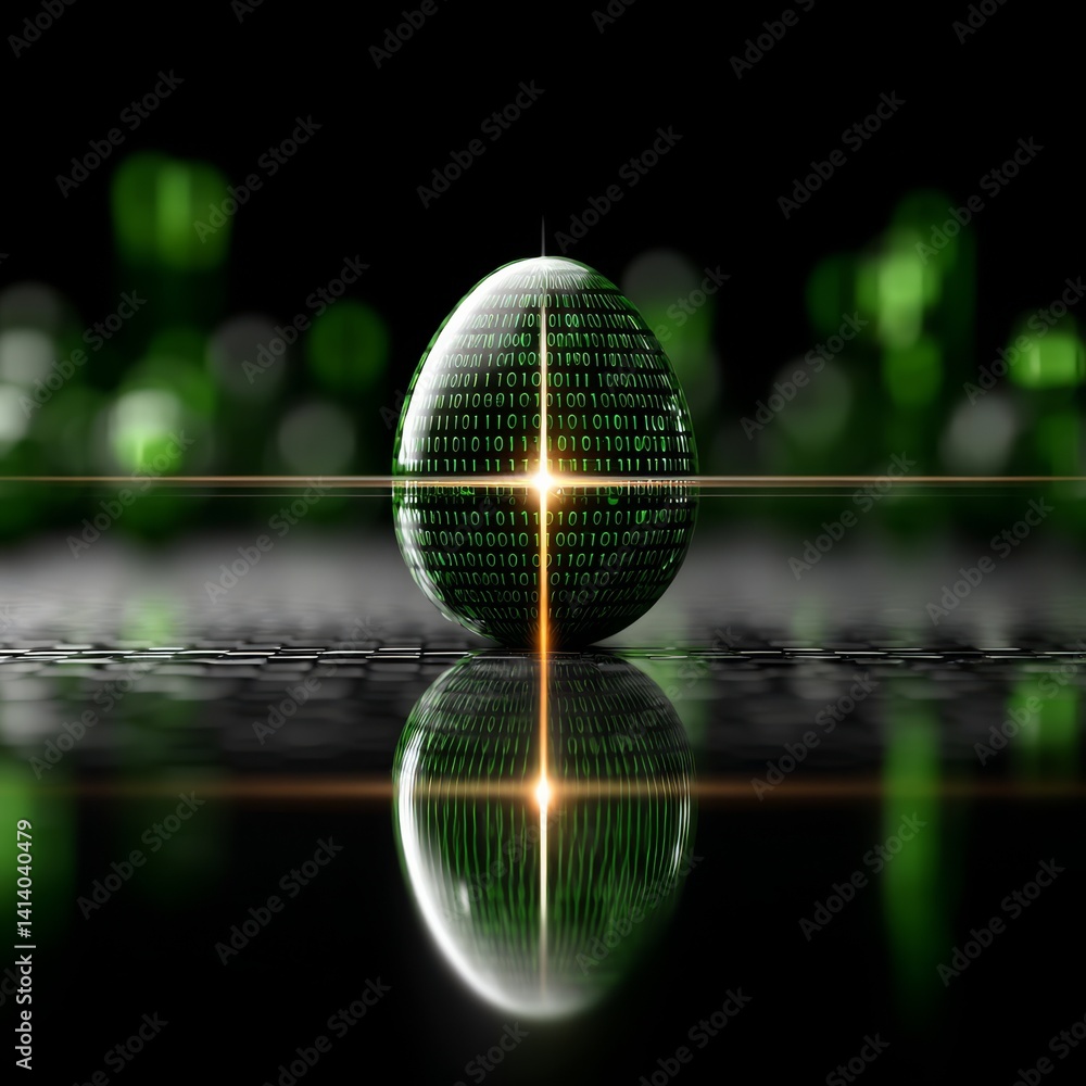 Poster digital data sphere reflecting on cyber surface with green and orange light