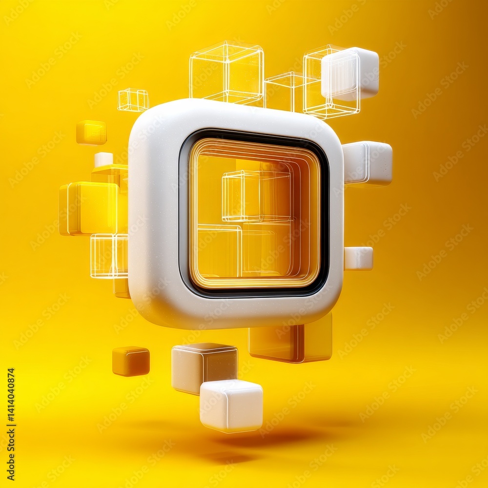Poster geometric abstraction: a composition of white and yellow cubes against a vibrant yellow background