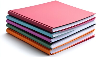 A stack of neatly printed annual corporate reports on an immaculately white background.