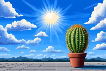 A pixel-art desert greenhouse, where tiny cacti grow in animated time-lapse