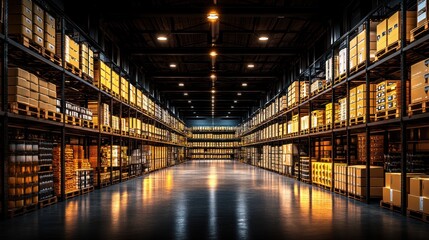 Fototapeta premium Vast Warehouse Interior: Rows of Pallets, Boxes, and Industrial Storage