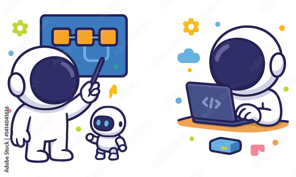 Poster astronaut teaching robot and writing code illustration