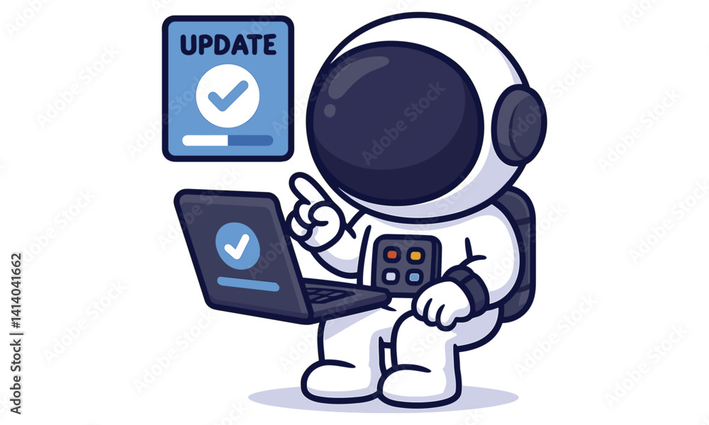 Poster astronaut updating software and checking progress illustration