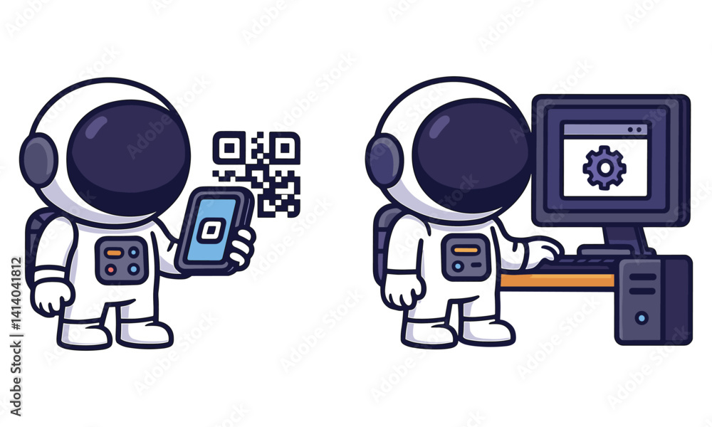 Poster astronaut scanning qr code and operating system machine illustration