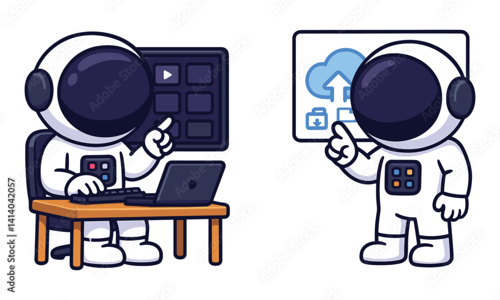 Poster astronaut presenting analysis and pointing at cloud connection illustration