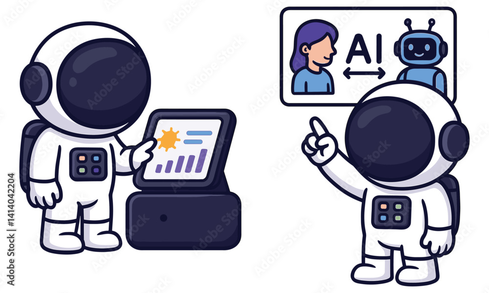 Poster astronaut analyzing chart and explaining ai concept illustration
