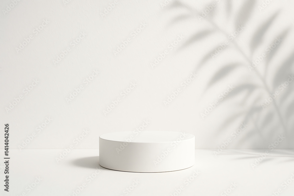 Poster a minimalistic scene featuring a circular white pedestal surrounded by soft shadows. ideal for showc