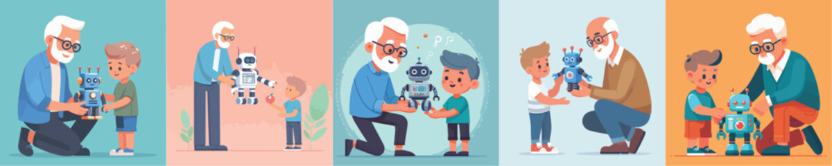vector collection of grandfather giving robot toy to boy