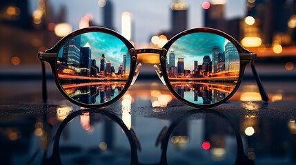 Round Glasses Reflecting a Vibrant City Skyline at Night – Urban Lights and Reflections Concept Photography