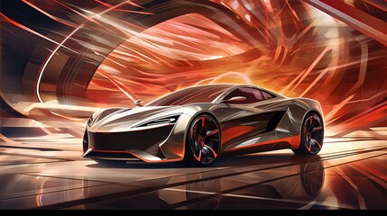 Futuristic Silver Hypercar in Abstract Motion Tunnel – Concept Car Art with Speed, Luxury, and Dynamic Design
