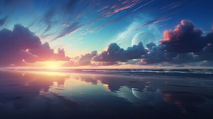 Surreal Ocean Sunset with Dramatic Clouds, Reflections, and Distant Planet in a Sci-Fi Style