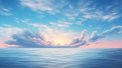 Peaceful Ocean Sunrise with Soft Clouds and Gentle Waves Under a Blue Sky