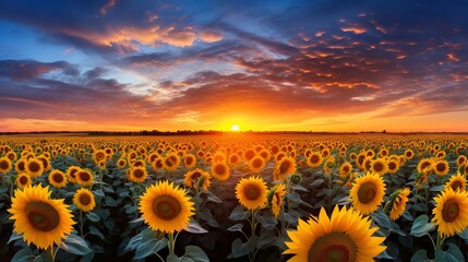 Golden Sunflower Field at Sunset with Vibrant Sky – Stunning Nature Landscape