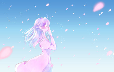 泣いて驚く女性　横側　風　桜吹雪