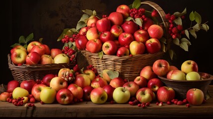 Rustic Apple Harvest Display with Red and Golden Apples in Wicker Baskets – Fresh Autumn Fruit Abundance