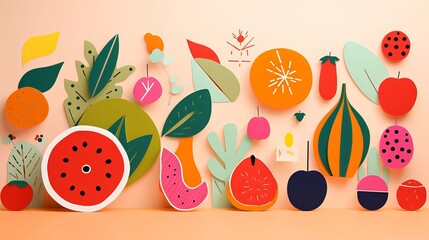 Playful Vector Fruit and Leaf Background with Watermelon, Citrus, and Abstract Tropical Shapes – Papercut Style Art