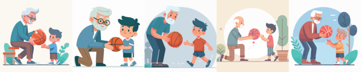 vector collection of grandfather giving basketball to little boy
