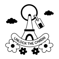 Eiffel keychain with unlock the charm text, glyph sticker 
