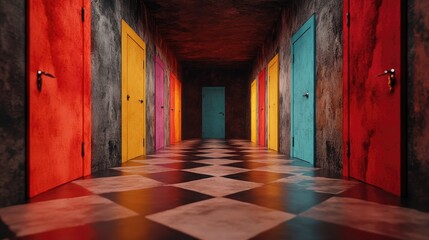Obraz premium A surreal passageway with glowing, locked doors leading to unknown destinations.
