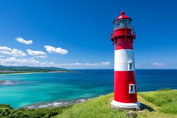 A vibrant red lighthouse on a grassy hill, overlooking a beautiful turquoise bay