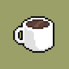 Pixel art coffee mug vector icon on olive color background