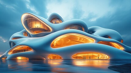 Obraz premium Futuristic Architectural Marvel: A Fluid Design Illuminated at Dusk