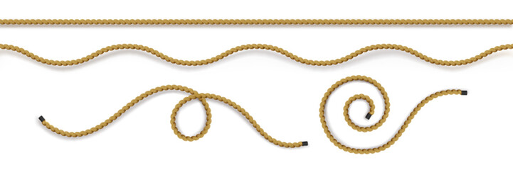 Rope string collection - wavy curved lines tied in loops. Realistic skein cord elements for borders, dividers and frames. Twisted hemp fiber thread set. Braided jute twine strands, nautical decor.