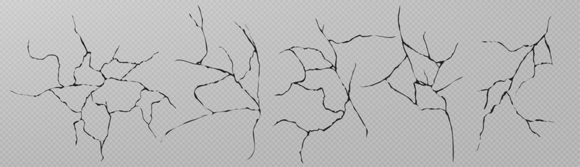 Earthquake cracks and fissures on transparent. Fractured ground surface texture, seismic land rifts. Damaged soil crannies, splitting earth crevices. Crumbling wall splits and broken clay elements.