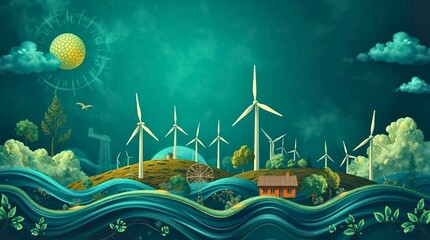 A painting of a landscape with a house and windmills. Green energy production using renewable energy sources like turbines