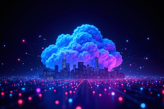 cloud computing device with a city in the background