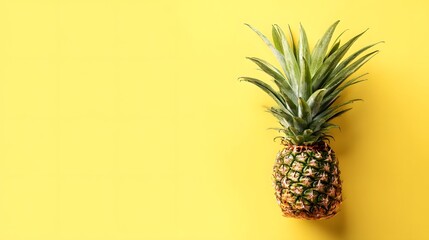 Fototapeta premium Vibrant pineapple on yellow background. Tropical fruit with green crown leaves.