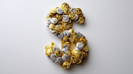 Colorful Arrangement of Golden and Silver Coins Forming a Dollar Symbol on a Light Background