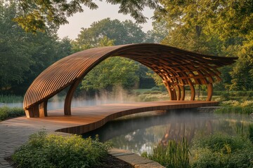 Fototapeta premium A gracefully curved wooden unity structure in a lush park, its organic design symbolizing the strength of diversity, surrounded by