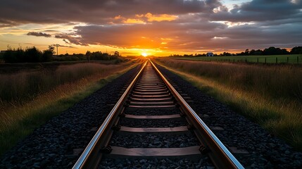 Obraz premium Railroad Tracks Leading to Sunset in the Countryside