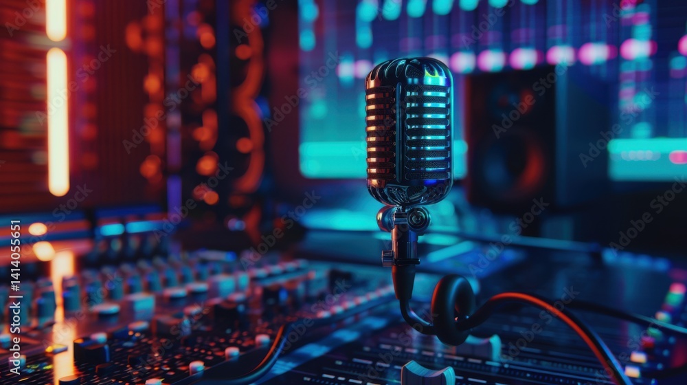 Poster high-tech podcast mic with digital sound waves and editing tools in a cool audio setup.